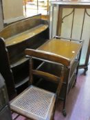 Oak four shelf bookcase, three tier trolley and single door display cabinet etc