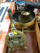 Brass pedestal bowl, vintage gas lamp etc