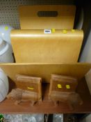 Designer plywood magazine rack and a pair of lion treen bookends