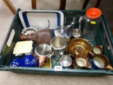 Crate of household metalware, porcelain etc