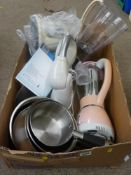 Breville food mixer, Prestige drinks mixer, a quantity of stainless steel pans etc E/T