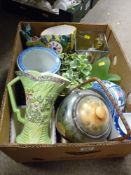 Box of decorative porcelain including lustre vase, planters etc