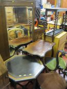 Two tier occasional table, an ebonized and crossbanded walnut table, hall table with metal drip