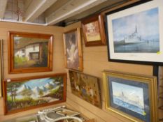 PEERS oil on canvas - thatched cottage and a parcel of paintings and prints including maritime