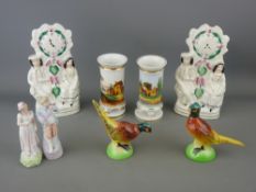Pair of Staffs clock figurines, pottery pheasant salt and pepper set, two Victorian cylindrical