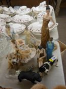 Collection of composition figurines and animals, a crystal type glass rat etc