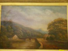 English School oil on board - river scene with figures on a bridge, 24 x 36 cms