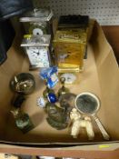 Four carriage clocks, bedroom clocks, collectables including Caithness etc