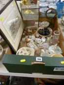 Mixed box of collectables including a group of ebony elephants, German cabinet figurines etc