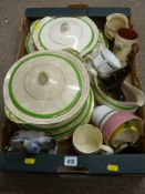 Vintage green banded part dinner service, pottery figurines etc