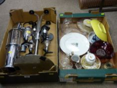 Bar Butler petrol pump and optics on stand and a box of assorted porcelain and glassware
