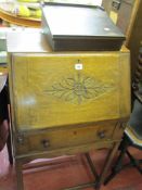 Oak slim bureau with single drawer on raised supports along with a small lap top desk
