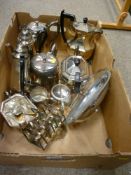 Box of various EPNS to include two coffee pots, two water jugs and a three piece hexagonal tea