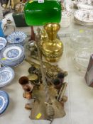Vintage style brass and green glass desk lamp and a mixed quantity of brass and other metalware