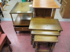 Oak nest of three tables, two tier mobile occasional trolley and a modern bookstand