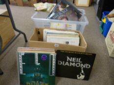 Box and a plastic crate of vintage LP records, mixed contents including classical music and