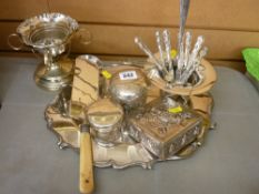 Two silver stopped dressing table pots, a silver thimble, a set of six silver handled knives and