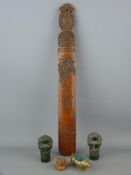 Oriental carved wood page turner, a carved owl netsuke, two Oriental toad top metal cane handles and