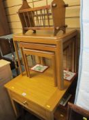 Light wood occasional table with drawer, nest of three tables, two tier occasional table and a