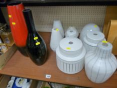 Parcel of vintage glass lampshades and two contemporary vases