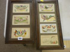 Collection of seven World War sweetheart cards in two oak frames