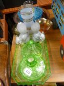 Mixed collection of cloud glass and other colourful glassware