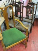Oak farmhouse elbow chair and four high back dining chairs