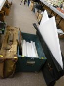 Crate of picture posters and framed prints, a canvas holdall containing blank canvasses etc and a