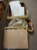 Horn-handled walking stick, two vintage brollies, a modern light wood picture frame and a quantity