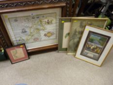 Saxton's carved wooden framed map of Caernarfonshire and Anglesey, another map and a parcel of