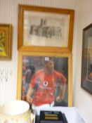 Antique print of the Cathedral Church of St Asaph and a print of a football player