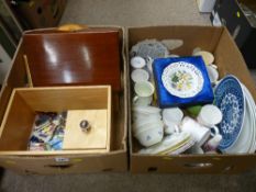 Wooden boxes and bowls with miscellaneous contents and a box of miscellaneous porcelain