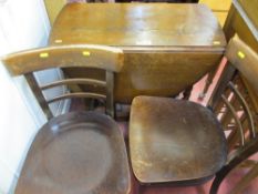 Drop leaf barley twist gate leg table and two wooden chairs