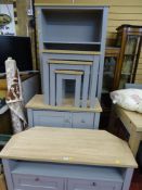 Parcel of modern wood effect and grey lounge furniture - multi-shelf bookcase, nest of three tables,