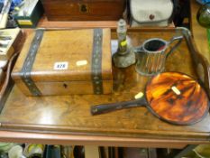 Vintage two handled oak tray, a lidded box, a serpentine stone lighthouse ornament etc