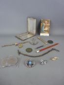 White metal cigarette case with engine turned decoration, a small selection of jewellery etc