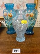Pair of blue glass hand painted vases and another glass vase