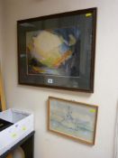 Indistinctly signed watercolour - HMS Hastings and BROWN mixed media - riverscape and mountain