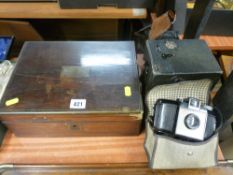 Victorian brass mounted lidded box and three vintage cameras including an Ensign Cupid