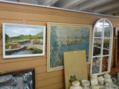 Unsigned oil on board - village scene, sectional mirror etc