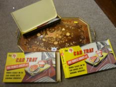 Inlaid effect galleried lacquered tray and other boxed vintage trays