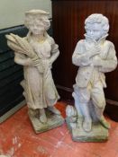 Reconstituted stone maiden carrying wheatsheaf garden ornament and another of a young gentleman