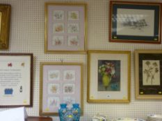 Parcel of paintings and prints including signed Val Doonican print and a quaint Welsh tapestry '