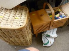 Concertina haberdashery box on a stand and a cane linen basket
