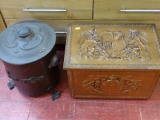 Arts & Crafts style log bin and a repousse lidded box