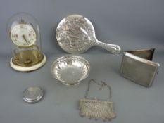 Chester silver cigarette case, curved with engine turned decoration, a small pedestal dish, a