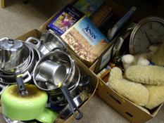 Box of quality kitchen pans etc, box of miscellaneous reference books and a box of soft toys and