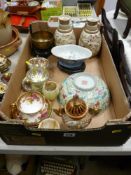 Box of mainly Oriental china including a Satsuma sensor, pedestal Famille Vert bowl and a pair of