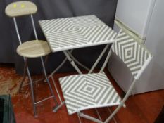 Two tone woven metal table and matching folding seat along with one other