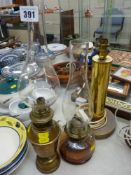 Brass column table lamp and two vintage oil lamps